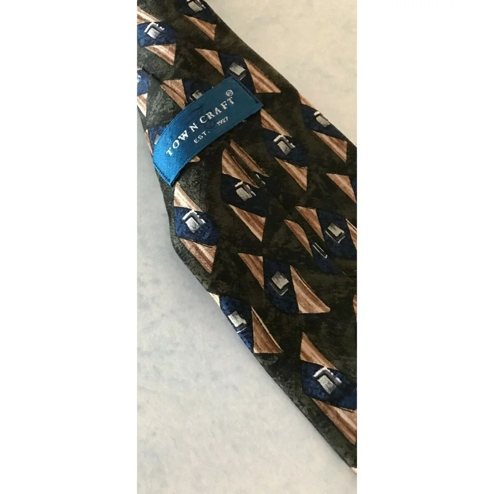 Men's Tie Necktie Town Craft Brown Green Black Colors‎ Triangle Square Pattern